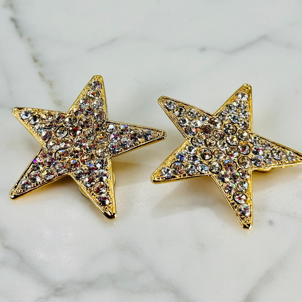 Vintage Huge Rhinestone Star Earrings 80s Clip On Gold Bling Sparkle Cos… - Picture 10 of 10